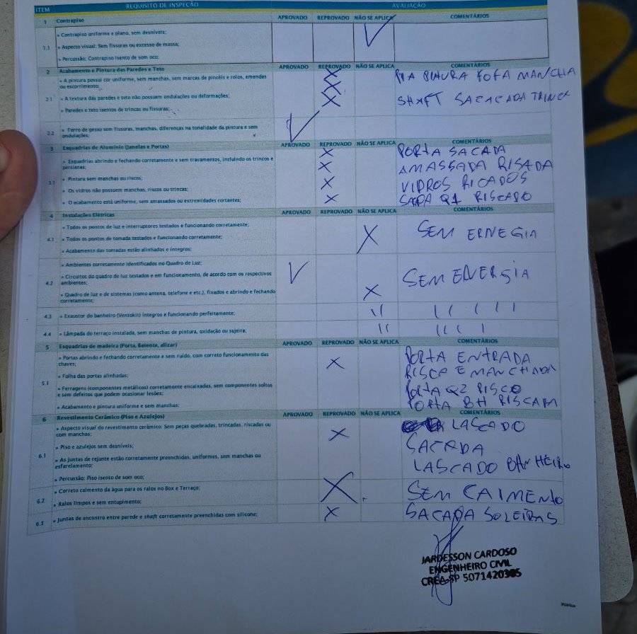 Registro de acompanhamento de vistoria preenchido à mão