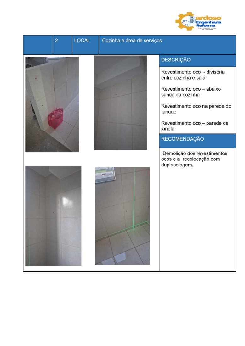 Página de registro fotográfico de um laudo real: revestimento oco na cozinha e área de serviço, com descrição e recomendação